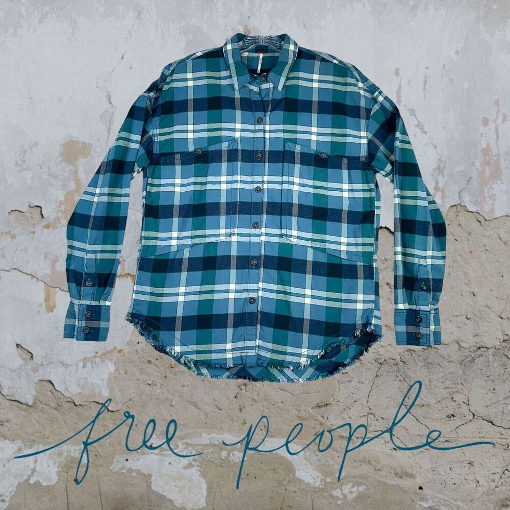 FREE PEOPLE Small Loveland Plaid Button Down Shirt Winter Sea Oversized Fray Hem - Picture 3 of 14